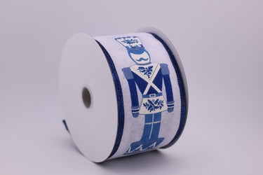 Spool of ribbon with blue nutcracker design on a white background