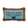 Childless Cat Lady needlepoint pillow front view with aqua center panel, navy and orange striped border, and cat motif