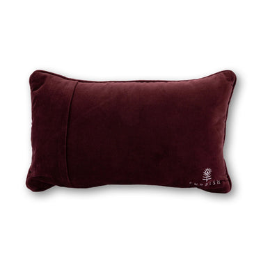 Childless Cat Lady needlepoint pillow back view with burgundy velvet backing and embroidered Furbish logo