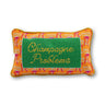 Champagne Problems needlepoint pillow front view with green center panel, orange patterned border, and mustard piping