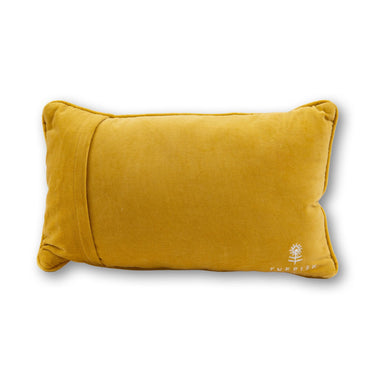 Champagne Problems needlepoint pillow back view with mustard velvet backing and embroidered Furbish logo