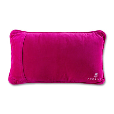 Come Sit By Me needlepoint pillow back view with hot pink velvet backing and embroidered Furbish logo