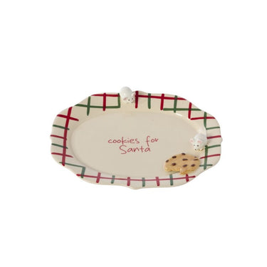 Christmas-themed platter with 'cookies for Santa' text and cookie illustration on a white background