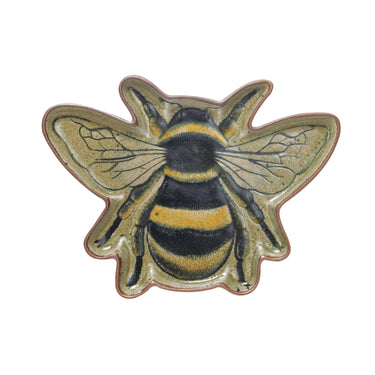 Multicolor stoneware bee-shaped serving plate with reactive crackle glaze finish, 12.75 inches long