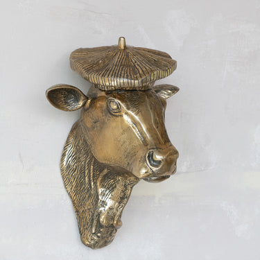 Cast Aluminum Cow Head with Beret Wall Décor, Antique Gold Finish