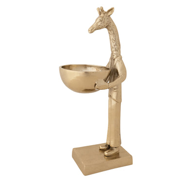 Gold cast aluminum giraffe figurine holding decorative bowl, 13 inches tall