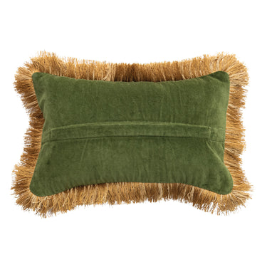 Olive green and gold jacquard brocade lumbar pillow with fringe trim and velvet back, 16 x 10 inches