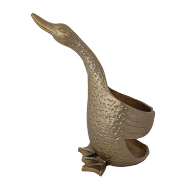 Gold cast aluminum duck shaped wine bottle holder, 12 inches tall