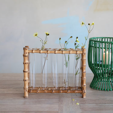 Bamboo Stand with 5 Glass Test Tube Vases, Natural