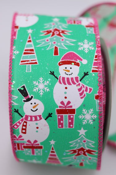 Frolicking Snowmen Ribbon, Dark Mint, 2.5" x 10Y