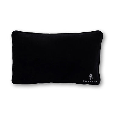 Dog Sits Here needlepoint pillow back view with dark velvet backing and embroidered Furbish logo