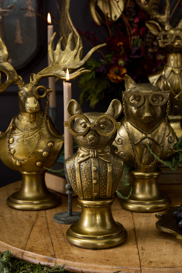 Brass-gold E+E Louie mouse bust with round glasses, bow tie, and detailed vest, styled as a whimsical storybook-inspired decorative sculpture.