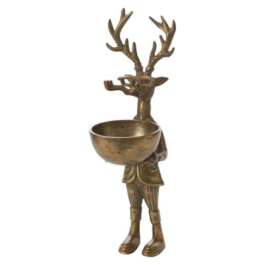 Brass-gold metal E+E Frankie Buck dish stand with antlers, glasses, pipe, and small decorative bowl for candies, florals, or tabletop display.