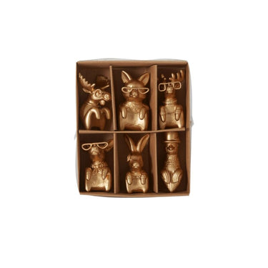 E+E gold animal pot huggers set of 6 displayed in divided packaging