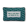 Emails Finding Me needlepoint pillow front view with green background, lavender geometric pattern, and humorous text
