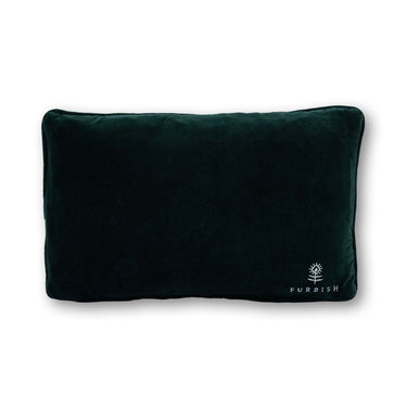 Emails Finding Me needlepoint pillow back view with dark green velvet backing and embroidered Furbish logo