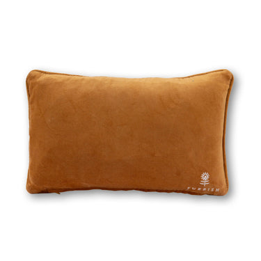 Back of Espresso Martini Needlepoint Pillow in brown cotton velvet with Furbish logo