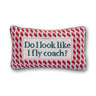Fly Coach needlepoint pillow front view with ivory text panel, pink and red geometric pattern, and soft blue piping