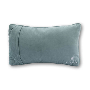 Fly Coach needlepoint pillow back view with light blue velvet backing and embroidered Furbish logo