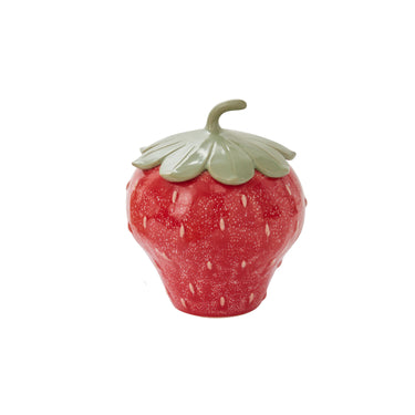 Food-safe ceramic strawberry canister cookie jar with removable green stem lid, dimensional seed details, and glossy red reactive glaze for colorful kitchen decor.