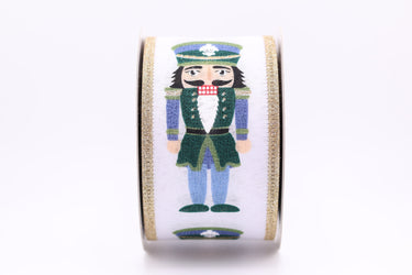 Cutesy Nutcracker Ribbon w/ Gold Glitter Edge, Green & Blue, 2.5" x 10yds