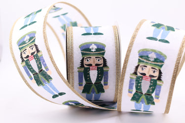 Cutesy Nutcracker Ribbon w/ Gold Glitter Edge, Green & Blue, 2.5" x 10yds