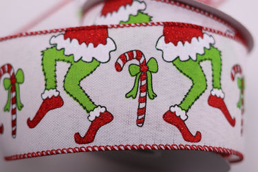 Grinch Legs & Candy Canes Ribbon w/ Red Edge, 2.5" x 10Y