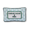 Girl Dinner needlepoint pillow front view with Caesar Salad and Fries text, blue striped background, and heart pattern