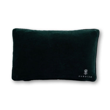 Girl Dinner needlepoint pillow back view with dark green velvet backing and embroidered Furbish logo
