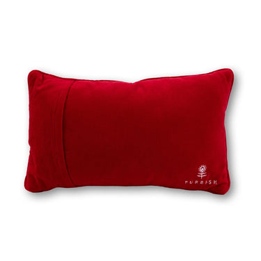 God Is Testing Me needlepoint pillow back view with red velvet backing and Furbish logo
