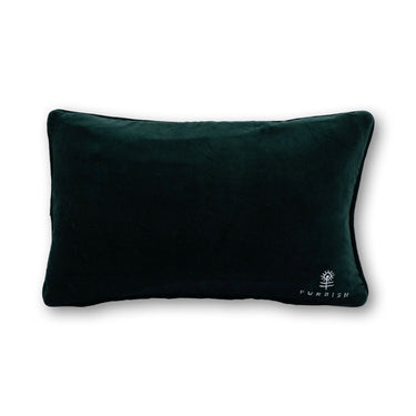 Good at Naps needlepoint pillow back view with dark green cotton velvet backing and embroidered Furbish logo
