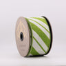 Spool of green and white striped ribbon on a white background