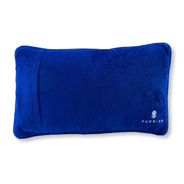 High End Gay needlepoint pillow back view with bright blue velvet backing and embroidered Furbish logo