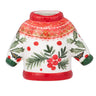 White Christmas sweater-shaped planter decorated with green holly leaves, evergreen sprigs, red berries, red trim, and green cuffs.