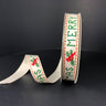 Rustic holiday ribbon featuring Merry Christmas text and cardinal birds on neutral background