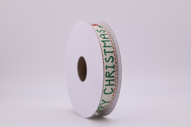 Ivory ribbon with green Merry Christmas text and red cardinal bird accents on spool
