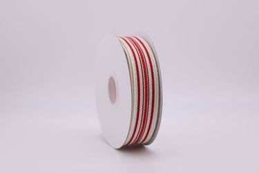 Woven French Stripe Ribbon – Ivory & Red Cotton Blend Decorative Ribbon 7/8" x 10 Yards
