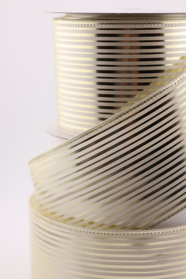 Close-up of sheer wired ribbon with gold stripe detailing
