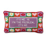 It’s Me needlepoint pillow front view with lavender text panel, hearts and daisy patchwork border, and red piping