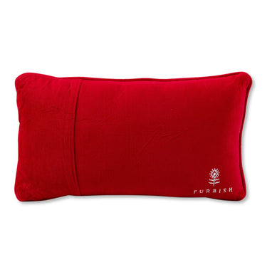 It’s Me needlepoint pillow back view with red velvet backing and embroidered Furbish logo