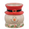 Ceramic snowman planter with a bright red top hat, black hatband, orange carrot nose, smiling face, and embossed holly berry base.