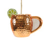 Cody Foster Moscow Mule glass ornament shaped like a hammered copper cocktail mug with handle, lime garnish, and hanging cord.
