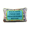 Mahjong Forever needlepoint pillow front view with aqua center panel, floral patterned border, and olive green piping