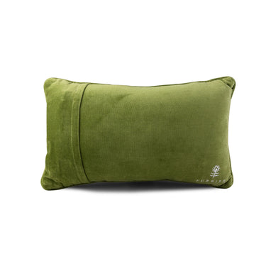Mahjong Forever needlepoint pillow back view with olive green velvet backing and embroidered Furbish logo