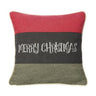 A square decorative throw pillow with a color-blocked design featuring red on top, a dark charcoal gray middle band with 'MERRY CHRISTMAS' in white script, and olive green on the bottom. The pillow has a cream-colored piped edge and is shown against a plain white background.
