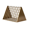 A brass-finish metal rack with a geometric open design, suitable for organizing magazines or mail.