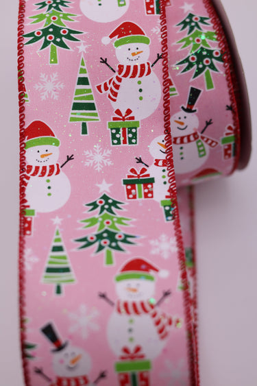 Frolicking Snowmen Ribbon, Pink, 2.5" x 10Y