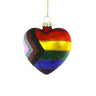 Cody Foster Pride Heart glass ornament with rainbow stripes, Progress Pride-inspired side accents, glitter trim, gold cap, and hanging cord.