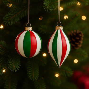 Striped Glass Ornament Set – Red, Emerald & White - Set of 6 (3 Round & 3 Oval)