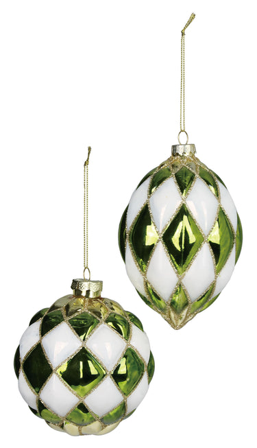 4" Quilted Patterned Glass Ornaments - Green/White/Gold (Set of 2)
